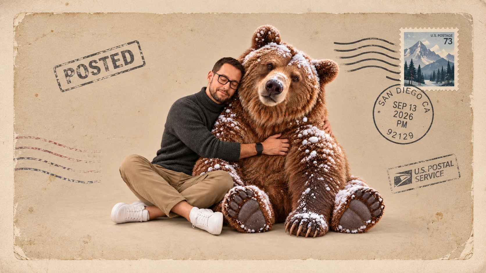 Vintage postcard of Misha hugging a snow-covered bear, with a San Diego postmark