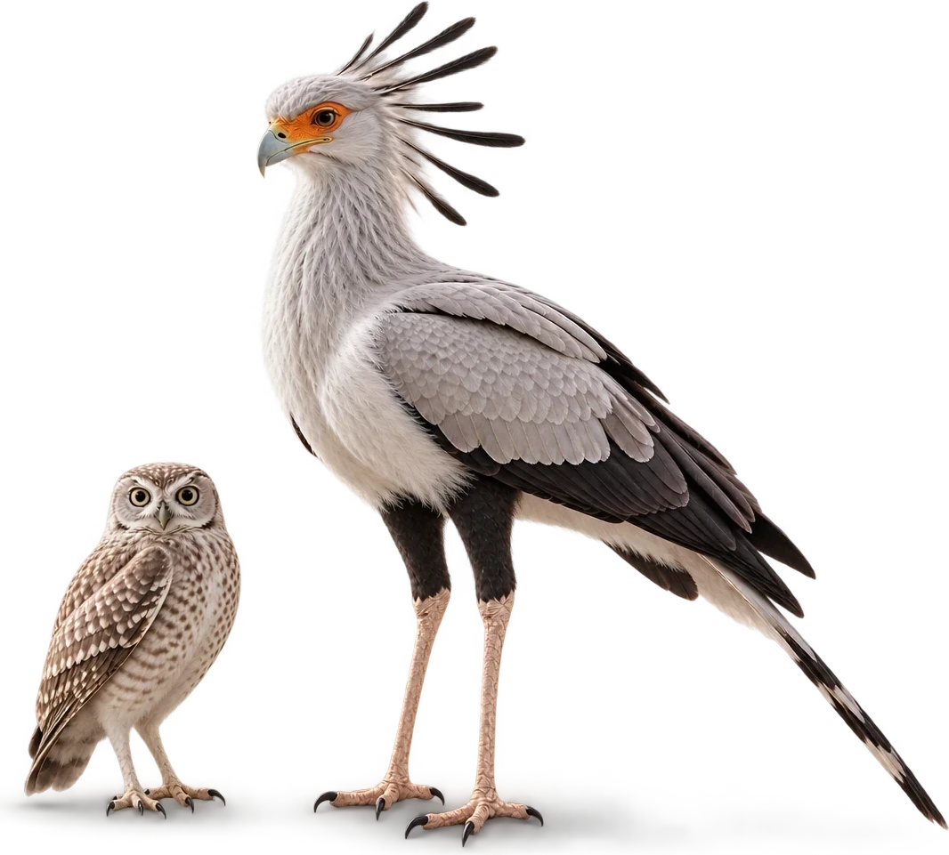 An owl beside a secretary bird