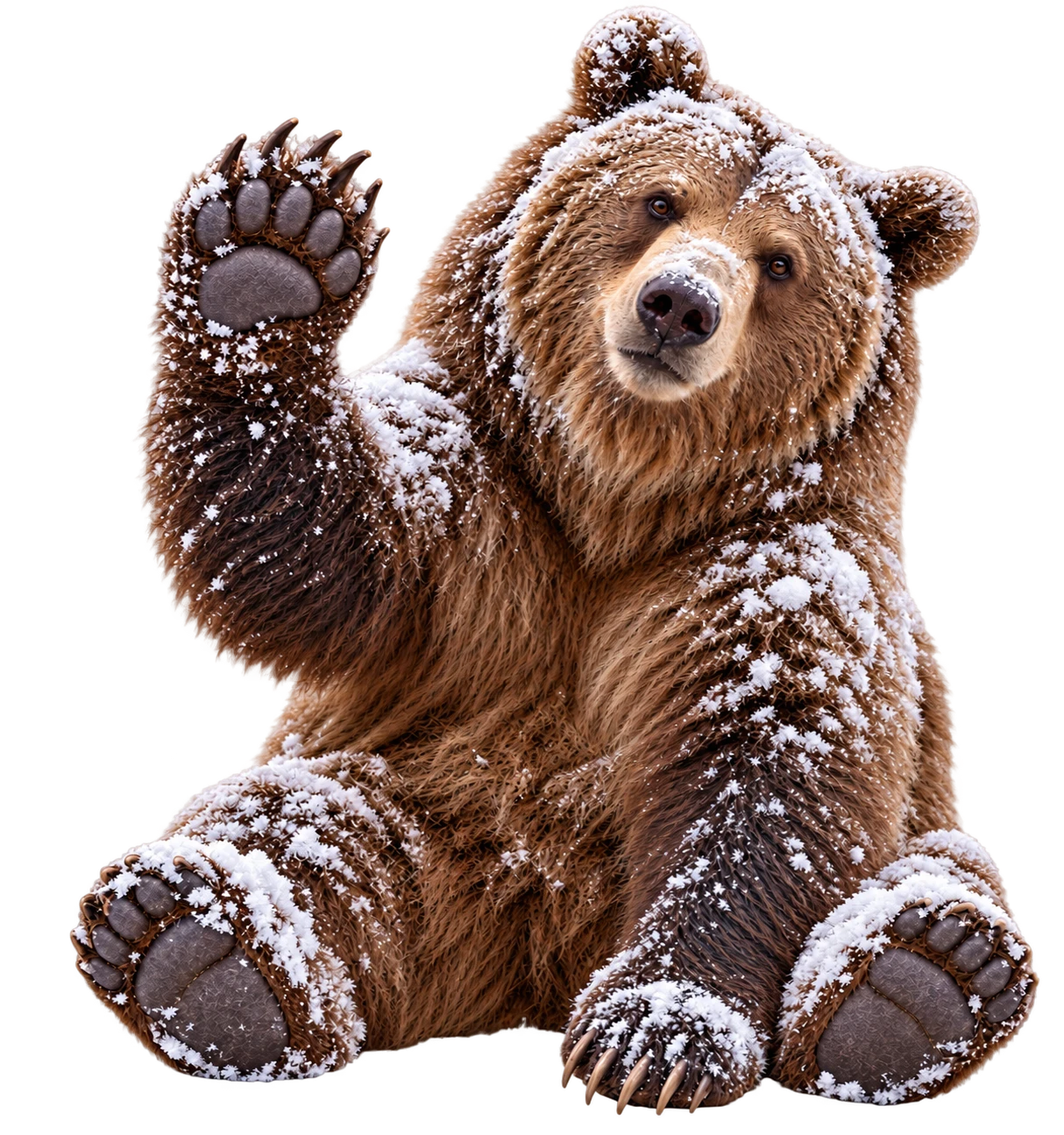 A snow-covered brown bear waving hello