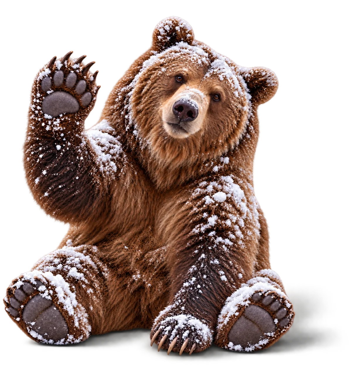 A snow-covered brown bear waving hello