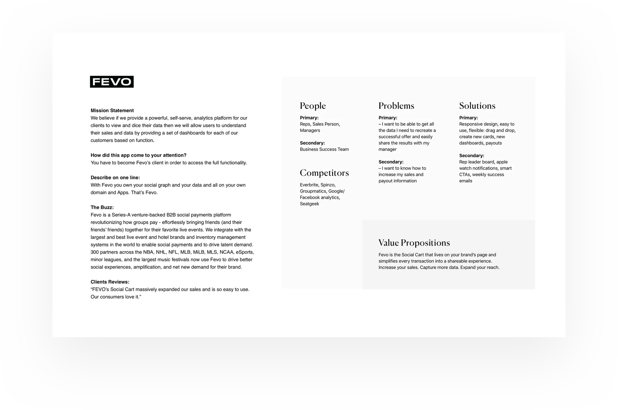 Fevo Analytics value proposition canvas