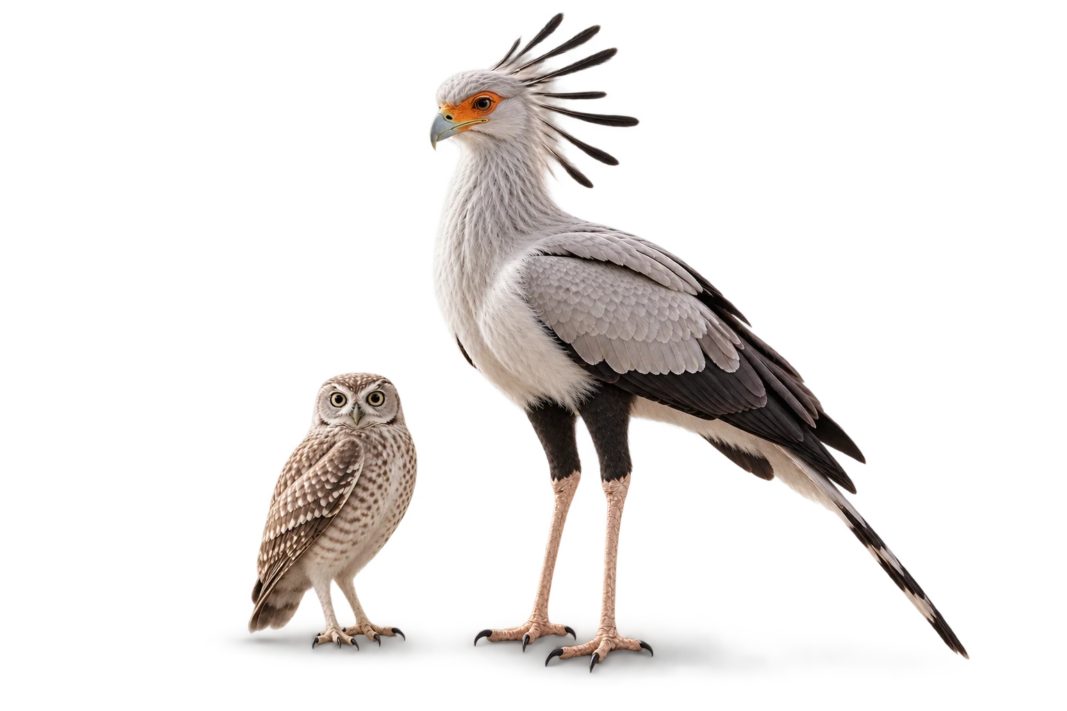 An owl beside a secretary bird