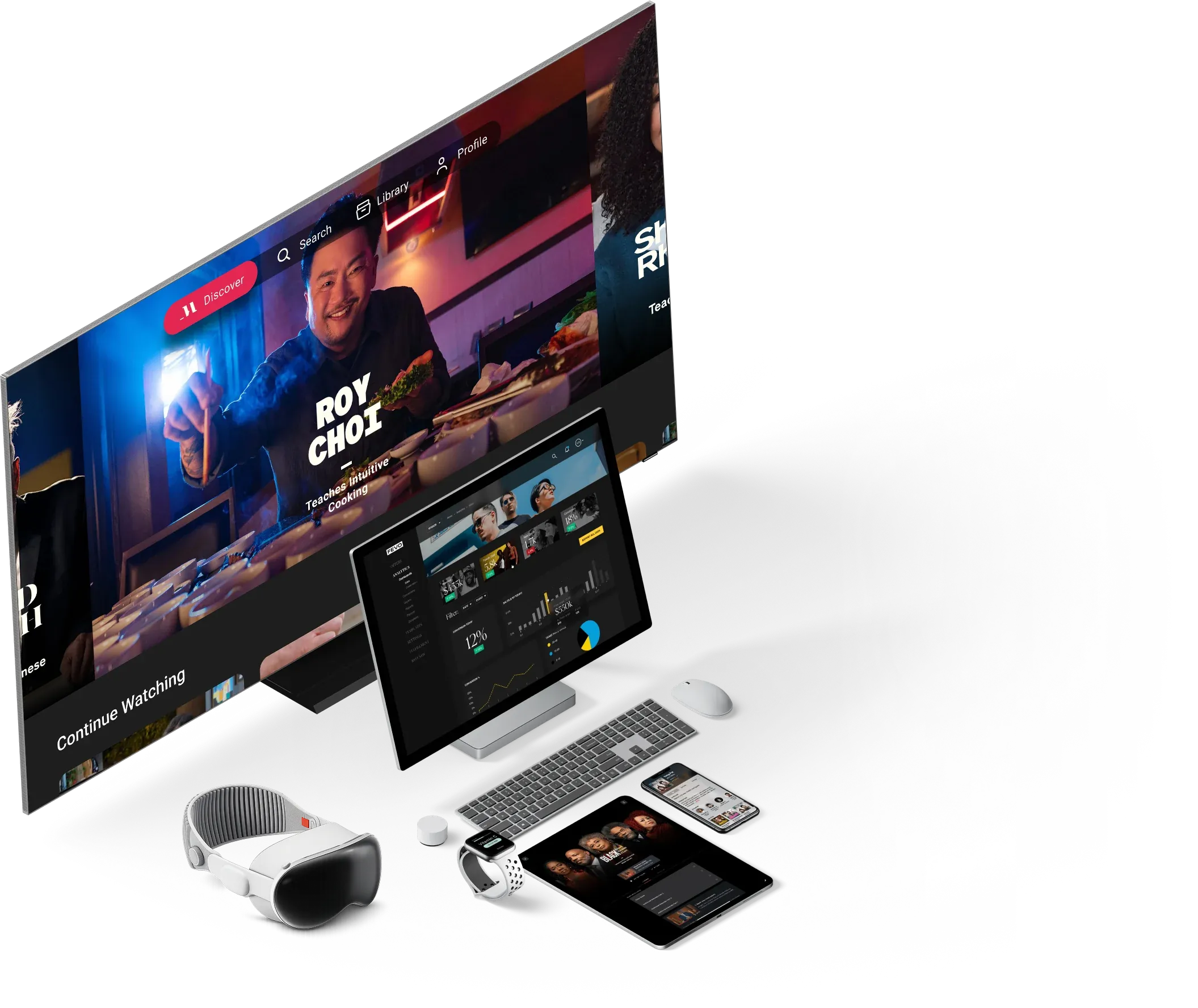 Cross-platform streaming product screens across TV, desktop, mobile, and wearable devices