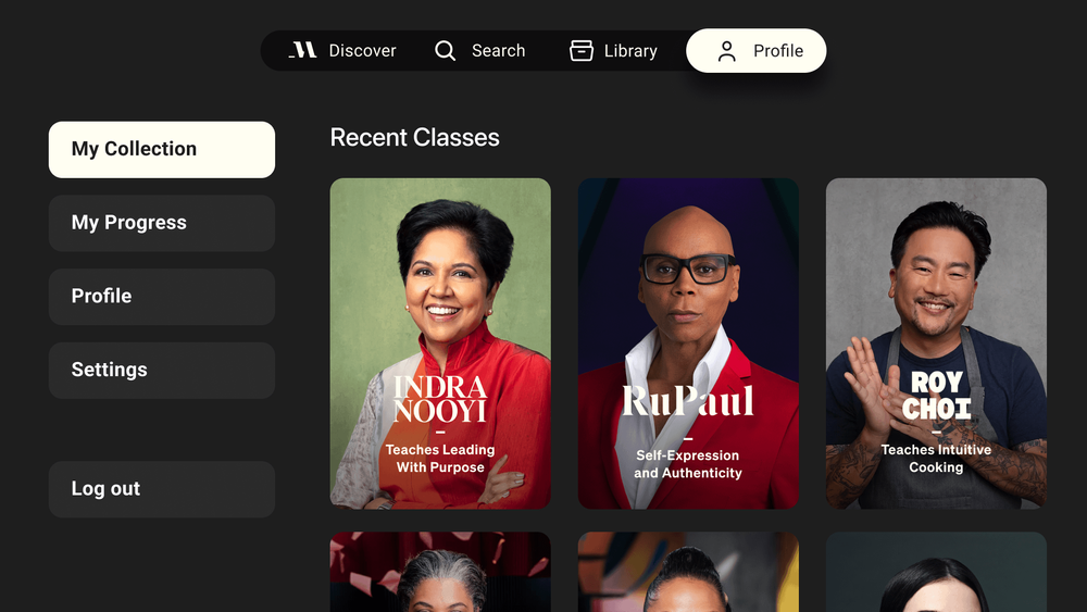 MasterClass profile library with saved and recent classes