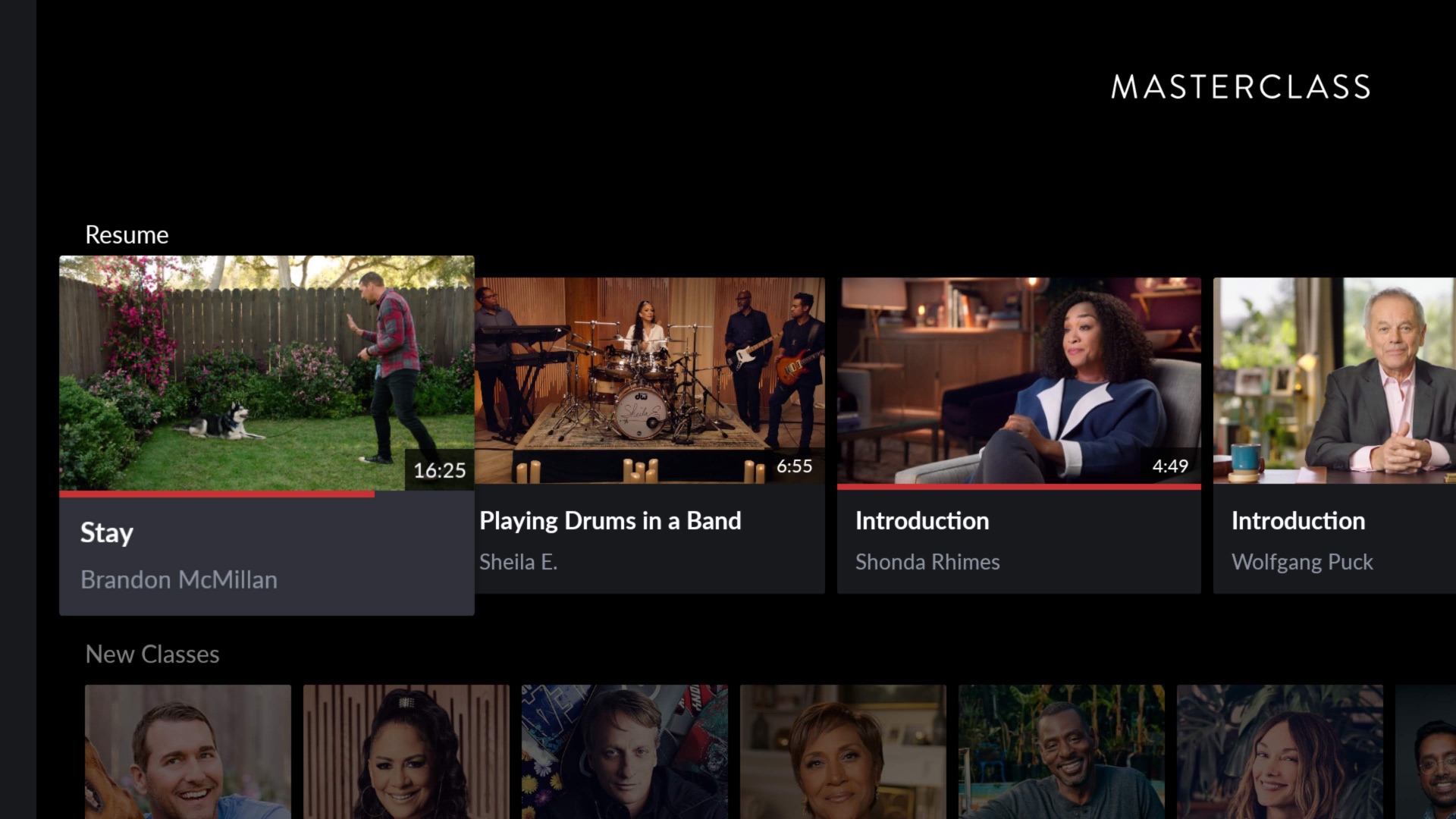 Old MasterClass TV app with rows of class thumbnails