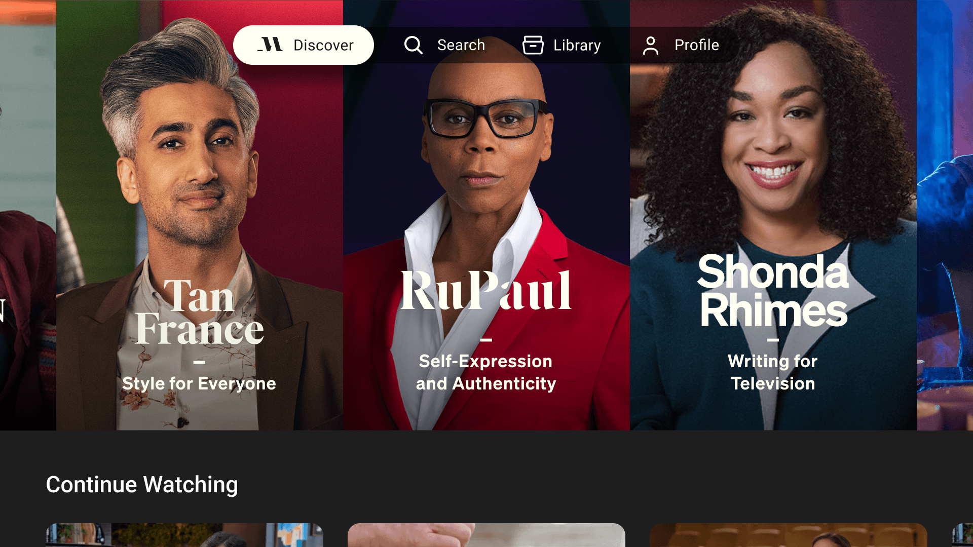 MasterClass immersive hero showing seven prominent classes